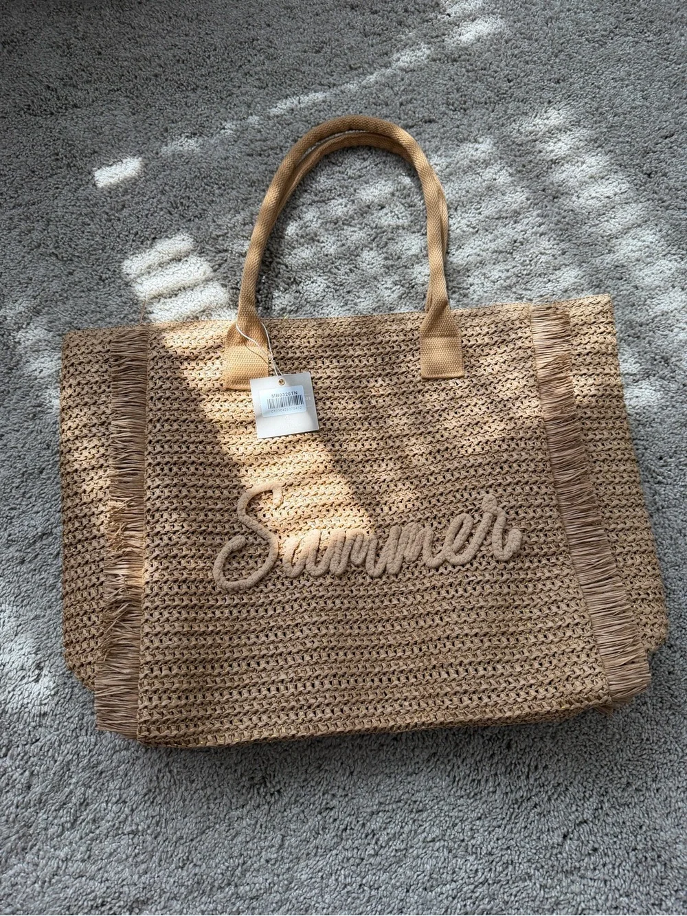 Natural Straw Tote Bag with 'Summer' Script
